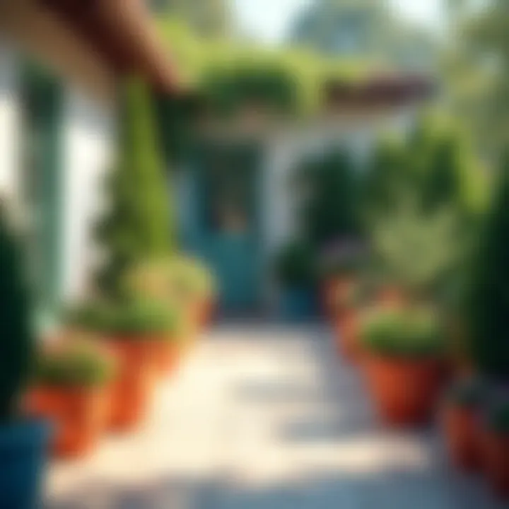 Complementary colors in a garden design featuring planters