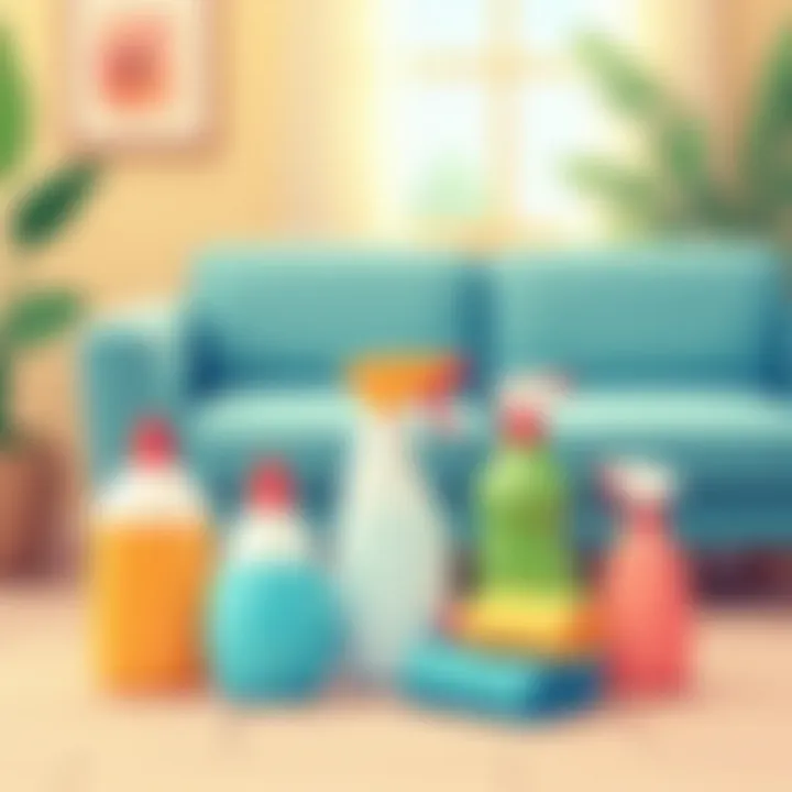 A collection of cleaning supplies arranged beside a couch.