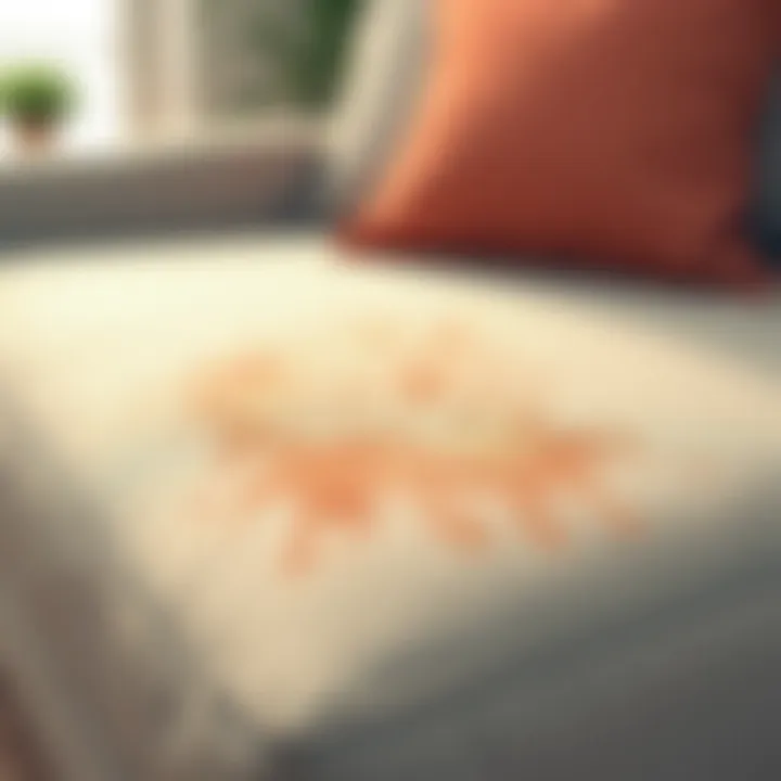 Close-up of a fabric couch with visible stains.