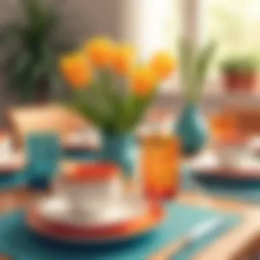 Close-up of color-coordinated tableware and centerpieces