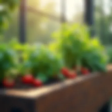 A well-maintained raised planter box with flourishing plants and vegetables.