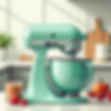 Close-up of mint color KitchenAid mixer with accessories