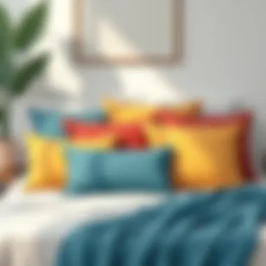 Various colored euro size throw pillows on a bed