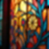 A close-up of vibrant stained glass with intricate patterns.