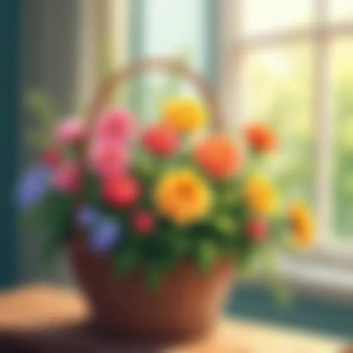 Close-up of colorful flowers thriving in a basket