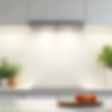 Contemporary white glass backsplash reflecting light in a kitchen