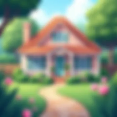 A serene cottage surrounded by lush greenery with pastel paint colors