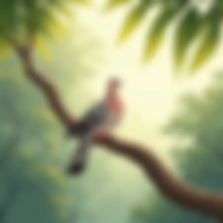 An illustration of a dove resting on a tree branch