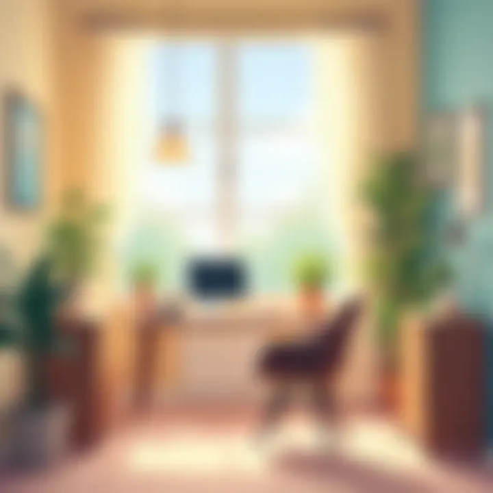 A bright small office with effective lighting and a soothing color palette.