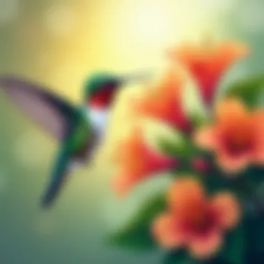 Hummingbird feeding on a colorful flowering bush