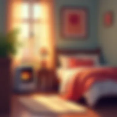 A cozy bedroom with an electric heater providing warm ambiance