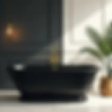 Chic Contrast: Black Tub with Gold Accents Stylish black bathtub paired with chic gold fixtures