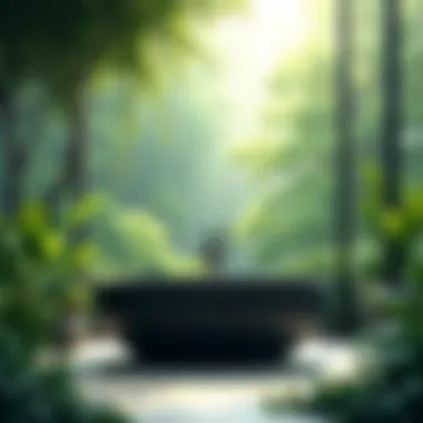 Nature Meets Elegance: A Green Oasis with Black Tub Contemporary black tub surrounded by natural elements and greenery