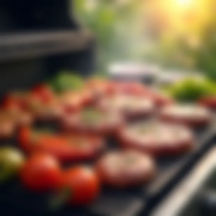 Variety of meats and vegetables sizzling on a grill