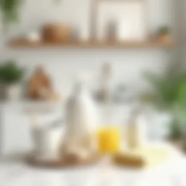 Eco-Friendly Cleaning Products for Quartz Care A collection of eco-friendly cleaning products arranged on a kitchen countertop.