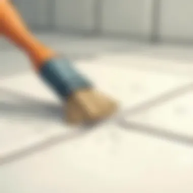 Close-up view of tile grout being scrubbed with a brush