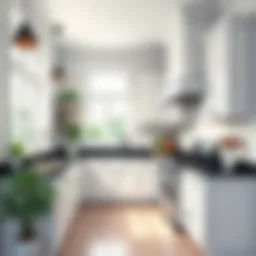Elegant white kitchen showcasing dark granite countertops