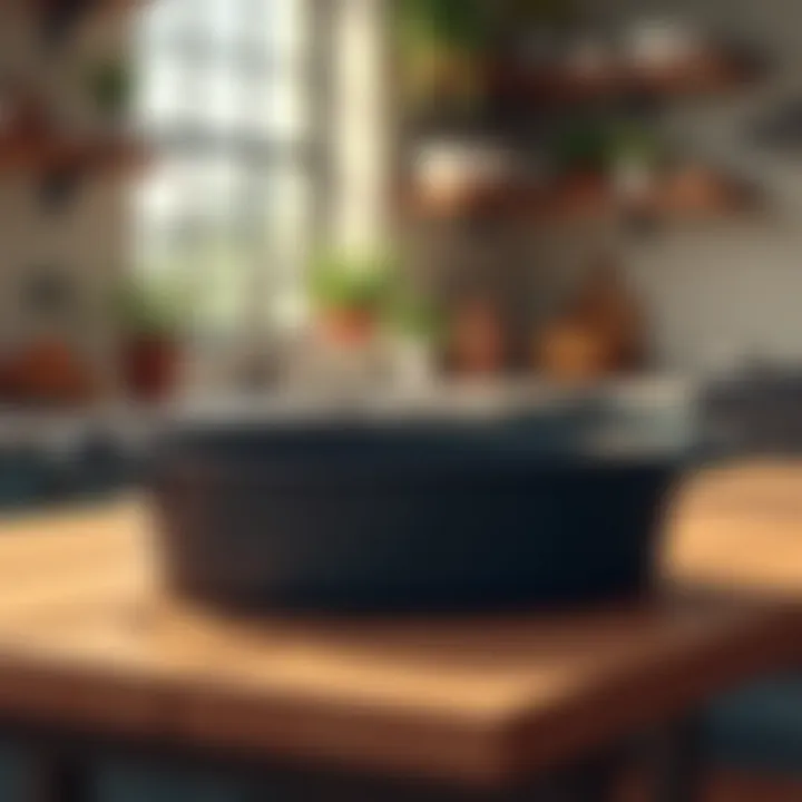 A large cast iron roaster pan resting over a rustic wooden table