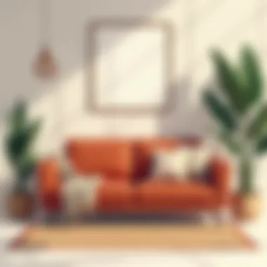 Stylish rust sofa paired with complementary decor elements