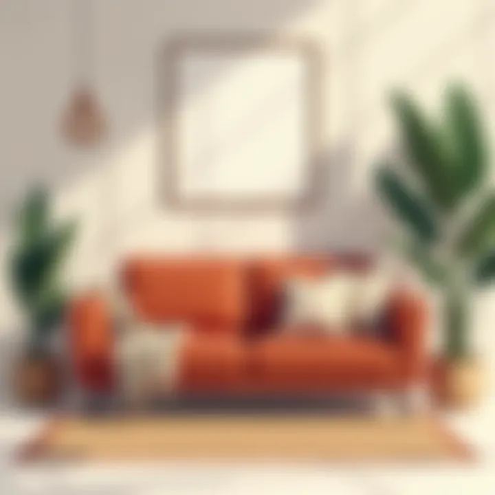 Stylish rust sofa paired with complementary decor elements