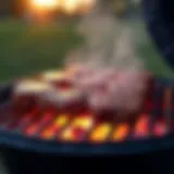 A charcoal grill with embers glowing under a perfectly arranged rack of meat.