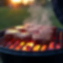 A charcoal grill with embers glowing under a perfectly arranged rack of meat.