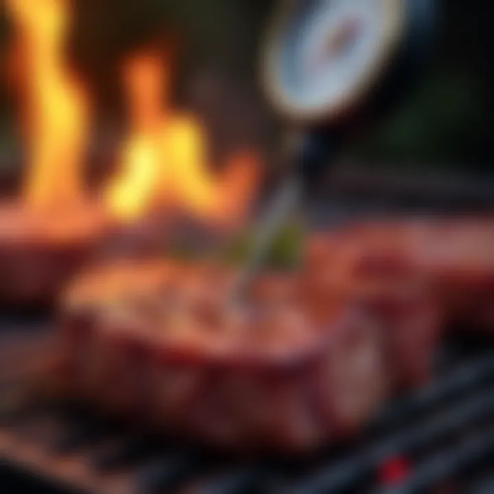 A close-up view of a meat thermometer inserted into a juicy steak.