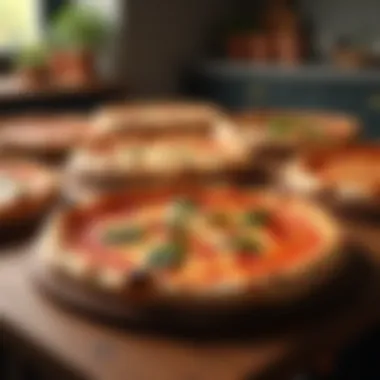 Various pizza styles displayed on a wooden table